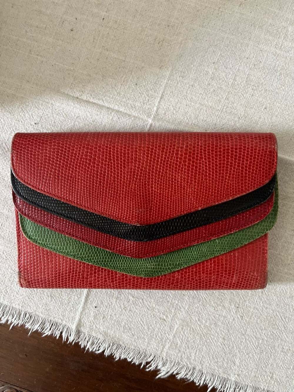 Sonia Lizard Skin Clutch Wallet Red Green Black